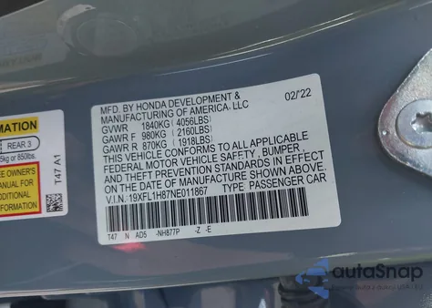 2022 Honda Civic Sport Touring from USA, damaged, VIN 19XFL1H87NE011867